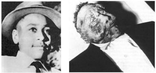 Left: Emmett Till, 14-yrs-old, 1954. Right: Emmett Till, after his brutal murder for flirting with a white girl in 1955.